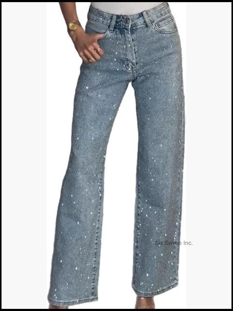 Rhinestone Baggy Y2k High Waisted Straight Wide Leg Sparkly Bling Glitter Denim